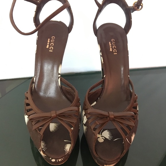 Gucci Brown Floral Ankle Strap Platform 36.5 - Picture 2 of 7